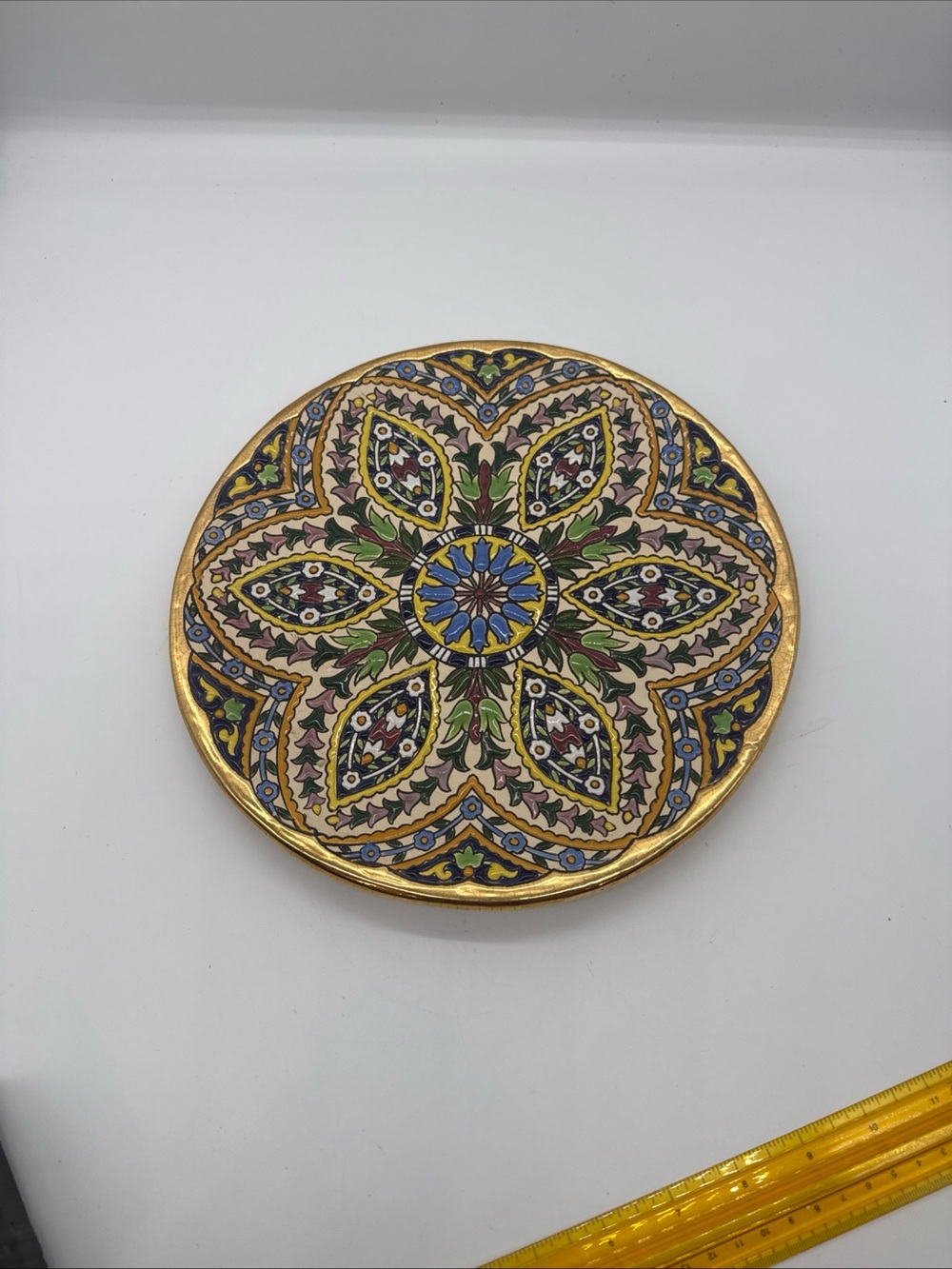 Hand-Painted Ceramic Decorative Plate in Gold, Blue & Green
